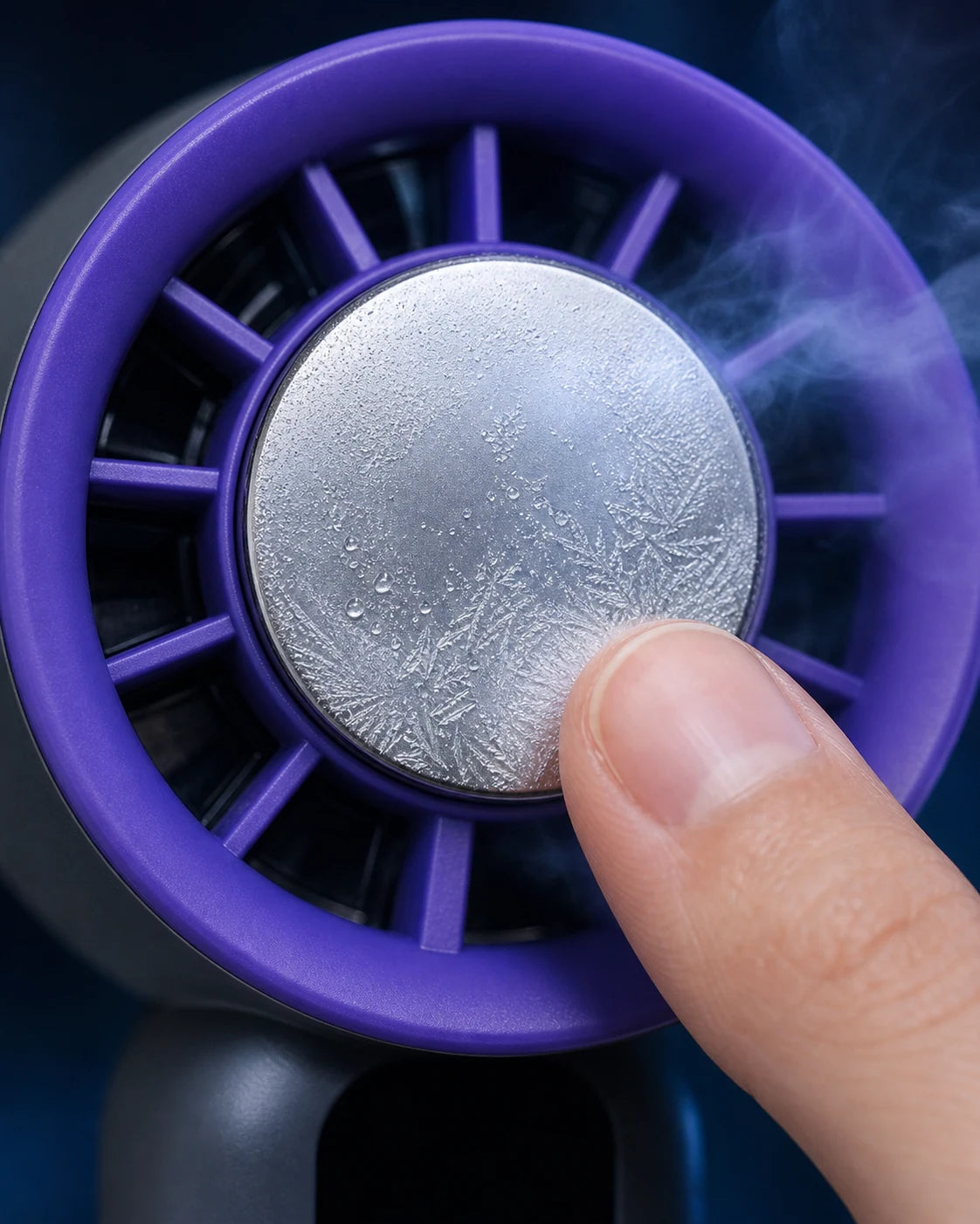 Close-up of a finger touching the BreezeTurbo metal cold-touch cooling plate